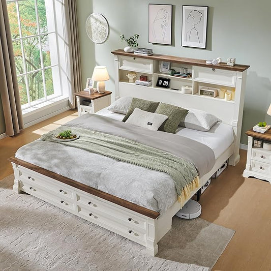 T4TREAM Farmhouse Queen Size Bed Frame with 54" Tall Headboard, Wood Platform Bed Frame with 18" Tall Roman Column Decoration Footboard & 2 Large Storage Drawers, No Box Spring Needed(Antique White)