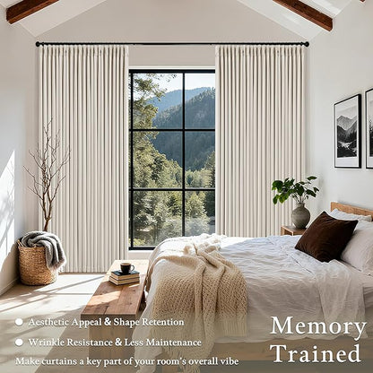 Pinch Pleated Blackout 90 Inch Bedroom Curtains 70 Inch Wide Linen Dual Layer Soundproof Farmhouse Window Curtains for Living Room Cream Natural Hooks Rings Back Tab 100% Black Out Drapes 1 Panel