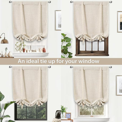 DriftAway Double Layer Linen Blackout Tie Up Curtains Thermal Insulated Fully Lined Balloon Roman Shade Bathroom Window Adjustable Rod Pocket for Small Window 25 Inch by 47 Inch Beige