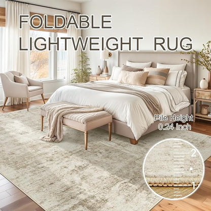 6x9 Abstract Area Rugs for Living Room 6 x 9 Washable Non Slip Low Pile Gray Rugs for Bedroom Dining Room Foldable Thin Beige Gray