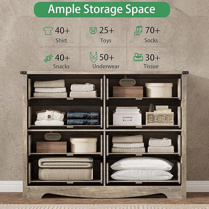 Dresser for Bedroom with 8 Drawers, 48" Wide Wood Chest of Drawers with Deep Drawers & Mental Handle, Modern Dresser TV Stand, Wooden Closet Storage Organizer for Living Room, Hallway, Entryway, Grey