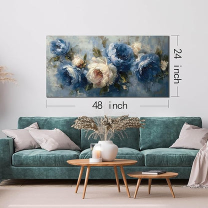 JuhaiArt Flower Wall Art for Living Room Bedroom Home Office White Wall Decor Floral Wall Picture Blue Prints Peony Artwork Art 24" x 48"