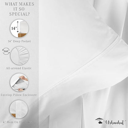 URBANHUT 800 Thread Count 100% Cotton Twin Size Sheets, Luxury 4 Piece Twin Bedsheets, Hotel Sheets Sateen Finish - Better Than Egyptian, 14" Elasticized Deep Pocket - White