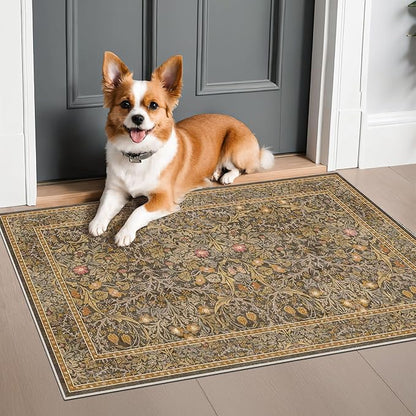 Brown Washable Entry Rug - Front Door Throw Rugs Indoor, Non-Slip Bathroom Small Rugs, Vintage Floral Thin Rug for Kitchen, Boho Earthy Entryway Décor (2x3 Gold Brown)