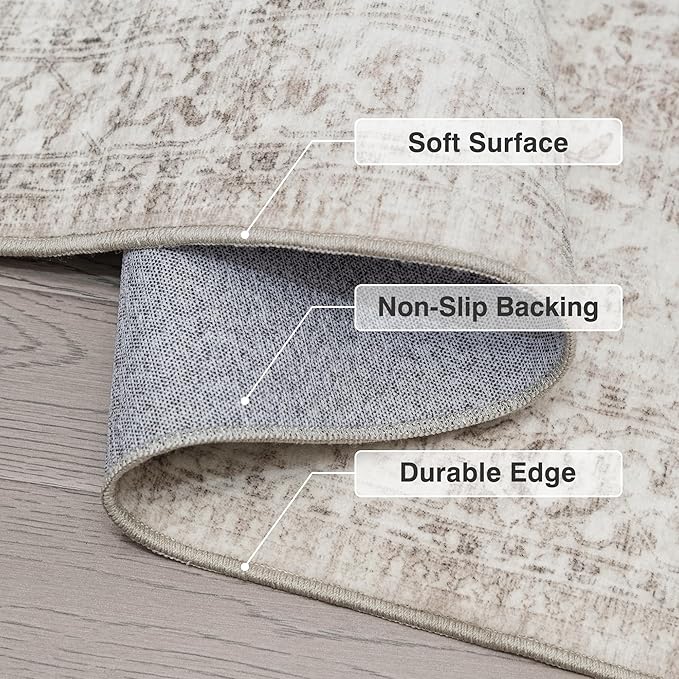 FMFUNCTEX 9x12 Washable Area Rug Beige Vintage Neutral Distressed Large Non Slip Carpet for Living Room Bedroom Soft Low Pile Indoor Mat Retro Floral Throw Rug for Dining Room Kitchen Office Nursery