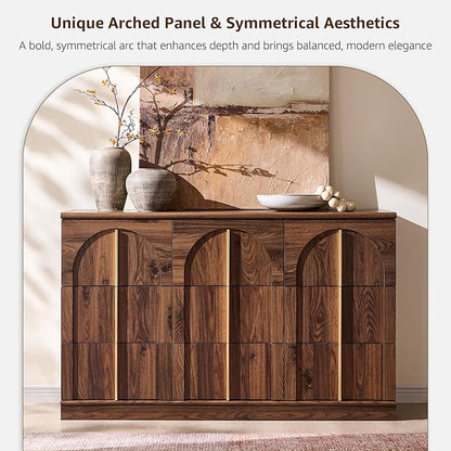 ACCOHOHO Arched Dresser for Bedroom with 9 Drawers, 52" Wide Modern Chest of Drawers with Rounded Edge & Metal Handles, Wood Storage Closet Dressers TV Stand for Living Room, Hallway, Brown