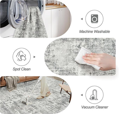 Abstract Rug 5x7 Machine Washable Area Indoor Grey White Low Pile Non-Slip Foldable Thin Accent Rugs for Bedroom Living Room Dining Room