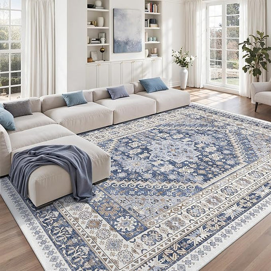 zesthome 10x12 Area Rugs,Stain Resistant Washable Rug,Ultra-Thin Rugs for Living Room,Bedroom,Non-Slip Backing Home Decor Large Area Rug (Blue/Beige,10'x12')