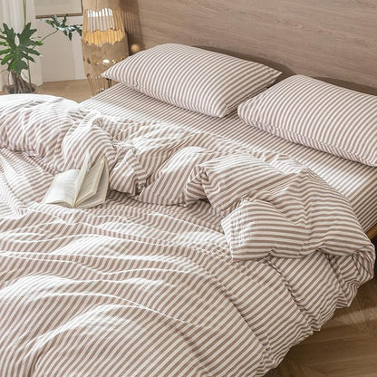 MooMee Striped Duvet Cover Set 100% Washed Cotton Linen Like Textured Breathable Durable Soft Comfy (Orange Classic Stripes, Full 80"x90")