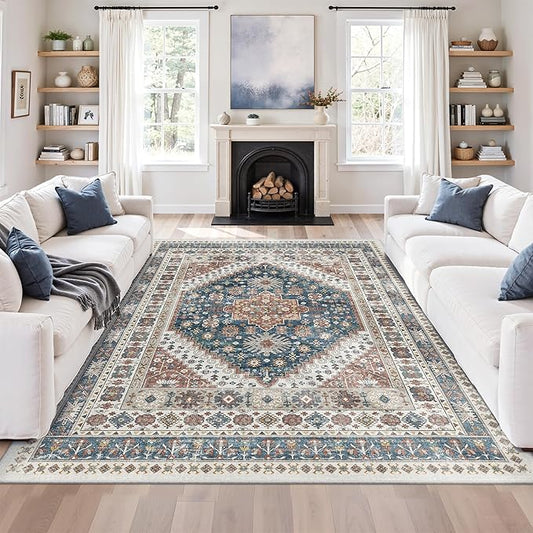 zesthome 6x9 Area Rug, Super Soft Washable Rugs for Living Room, Non-Slip Stain Resistant Vintage Rugs, Ultra-Thin Large Area Rugs (Navy Blue/Red,6'x9')