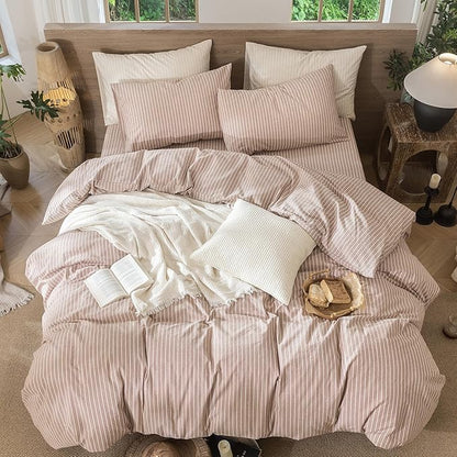 MooMee Striped Duvet Cover Set 100% Washed Cotton Linen Like Textured Breathable Durable Soft Comfy (Orange White Wide Stripes, Super Queen 90"x98")