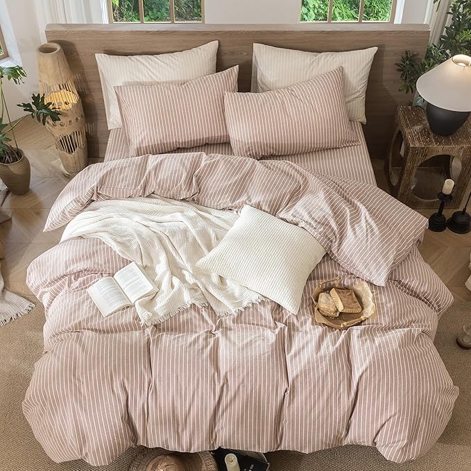 MooMee Striped Duvet Cover Set 100% Washed Cotton Linen Like Textured Breathable Durable Soft Comfy (Orange White Wide Stripes, Twin 68"x90")