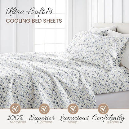 Linen Market Double-Brushed Patterned Microfiber California King Sheet Set 4 Piece – OEKO-TEX Certified Ultra Soft & Wrinkle-Free - 16" Deep Pocket Sheets Easy Care Cal-King Size - Blossoms Light Blue