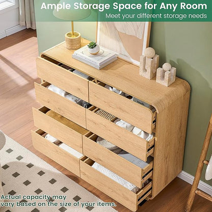 Chest of Dressers with 8 Drawers, 47’’ Wide Dresser with Anti-Tipping Device, Clothes Organizer for Bedroom, Natural Drawer Closet with Arc Design.