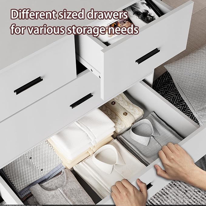 Dresser with Power Outlets Wooden 6 Drawer Dresser with Large Organizer White Tall Storage Organizer with Smooth Metal Rail Modern Chest of Drawers Closet for Bedroom Hallway