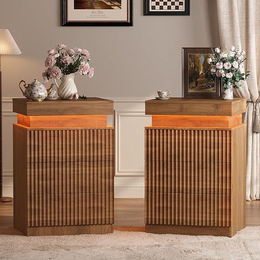 Nightstand Set of 2 for Bedroom, LED Nightstand with 3 Drawers and Charging Station, Mid Century Modern Fluted Nightstands, Bedside Tables & End Tables, Walnut