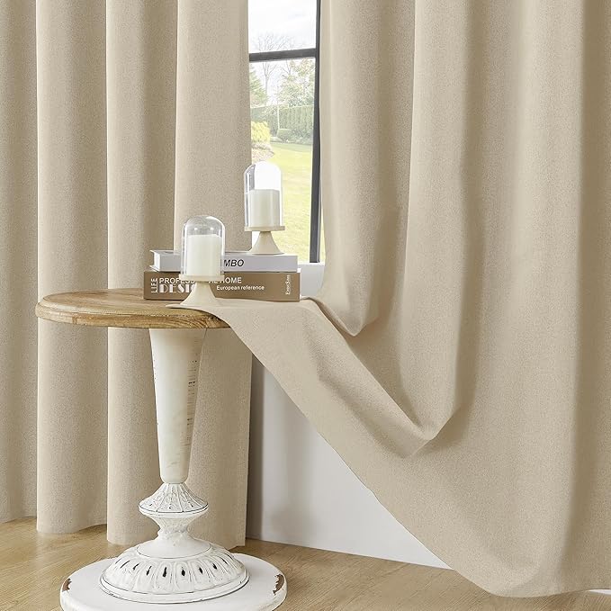 ChrisDowa 100% Blackout Natural Solid Solid Curtains 90 Inches Long 2 Panels for Bedroom Living Room,Farmhouse Room Darkening Thermal Insulated Soundproof Grommet Top Window Treatment Drapes,52x90