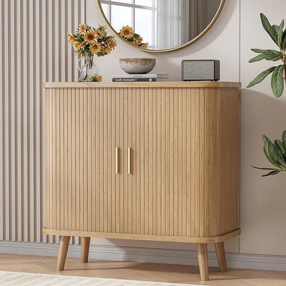 Buffet Cabinet with Storage, Curved-Edge Fluted Storage Cabinet Sideboard, Modern Black Sideboard Buffet with Adjustable Shelves & Sliding Door for Dining Room, Kitchen, Entryway (Oak)