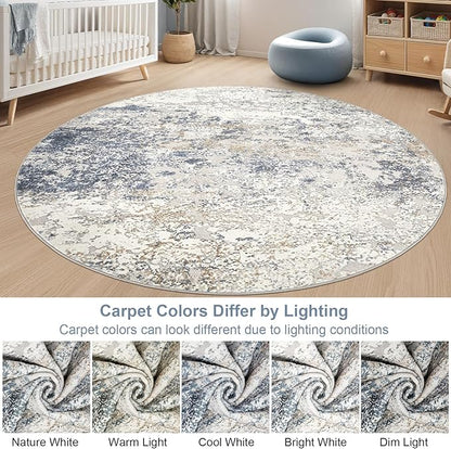 8ft Round Area Rug Living Room Rugs - 8x8 Washable Large Soft Indoor Neutral Modern Abstract Low Pile Rug Carpet for Bedroom Dining Room Farmhouse Home Office - Beige Blue