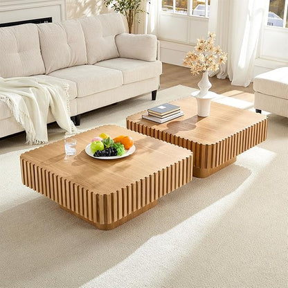 LKTART Square Coffee Table for Living Room, Accent Fluted Coffee Table with Storage, Modern Solid Wood Veneered Large Center Tea Table for Small Space Apartment (35.4''D×16''H-Natural)