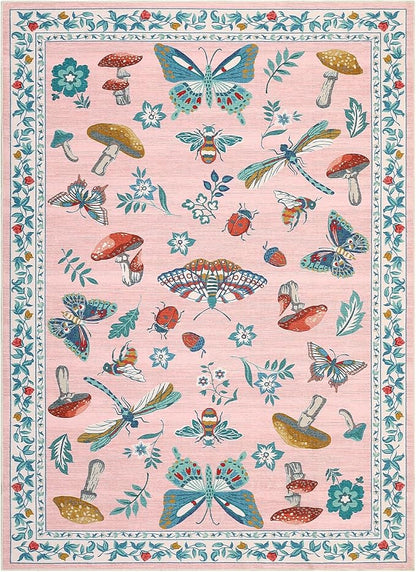 Mushroom Insect Washable Rug 5x7 Area Rugs for Bedroom Non Slip with Rubber Back Low Pile Stain Resistant Butterfly Carpet for Living Room Nursery Kitchen Dining Room Khaki Pink