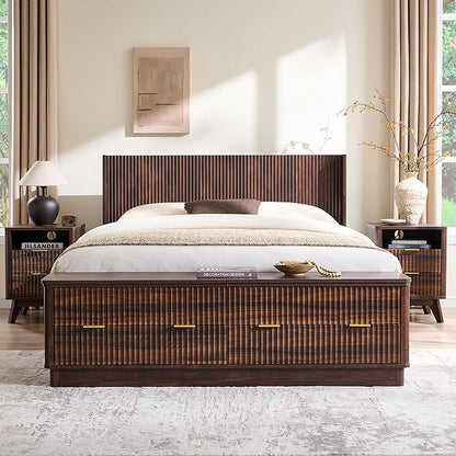 T4TREAM Fluted Queen Size Bed Frame with Wingback Headboard, Footboard Storage Bench with Built-in Drawers & Lift-Up Compartments, Wood & Steel Platform Bed, No Box Spring Needed, Dark Walnut
