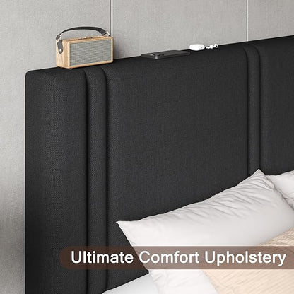 Upholstered Queen Size Bed Frame with Linen Fabric Headboard, Strong Wooden Slats Support, Noise Free, No Box Spring Needed, Black