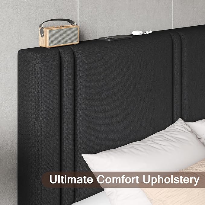 Upholstered Full Size Bed Frame with Linen Fabric Headboard, Strong Wooden Slats Support, Noise Free, No Box Spring Needed, Black