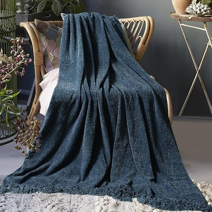 Chenille Throw Blanket for Couch 50"X 60", Soft Cozy Throws with Fringe Tassel for Bed Sofa Chair Cover, Lightweight Knitted Decorative Boho Blankets for Living Room, Navy Blue