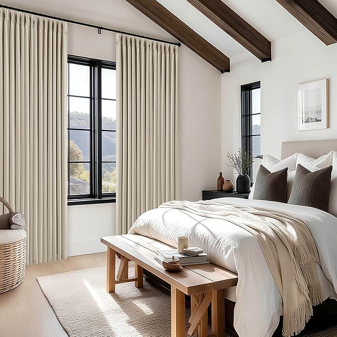 Oatmeal Pinch Pleated 100% Blackout Linen Curtains 100 Inch Length 2 Panels Pinch Pleat Curtains Black Out Light Blocking Room Darkening Drapes with Liner for Bedroom Living Room Window Cream Beige