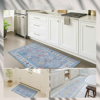 Fame Rugs Blue Modern Oushak Rug 2'6"x13, Vintage Turkish Colorful Oriental Antique Inspired Long Runner Rugs, Luxury Living Room Bedroom (381LB, 2'6" x 13')
