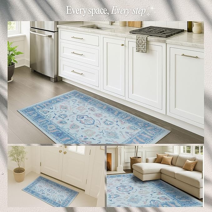 Fame Rugs Blue Modern Oushak Rug 5x7, Washable Vintage Turkish Colorful Oriental Antique Inspired Area Rugs, Luxury Living Room Bedroom (995BB, 5' x 7')