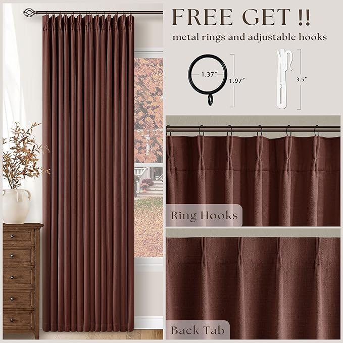 Chestnut Brown Pleated Linen Blackout Curtains 84 Inches Long for Bedroom Living Room Pinch Pleat Black Out Thermal Insulated Ring Hooks Back Tab Room Darkening Drapes Maroon Curtains with Liner