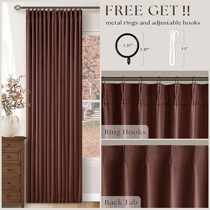 Chestnut Brown Pinch Pleated Blackout Linen Curtains 86 Inches Long for Bedroom Pleated 100% Black Out Drapes with Liner Rust Farmhouse Country Extra Long 86 Inch Curtain for Living Dining Room