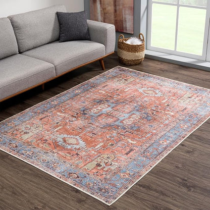Bloom Rugs Washable Non-Slip 2' x 3' Rug - Terracotta/Blue Traditional Oriental Area Rug for Living Room, Bedroom, Dining Room, and Kitchen - Exact Size: 2' x 3'