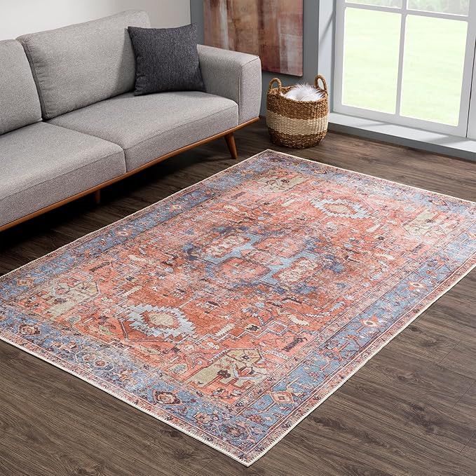 Bloom Rugs Washable 5' x 7' Rug - Terracotta/Blue Traditional Area Rug for Living Room, Bedroom, Dining Room, and Kitchen - Exact Size: 5' x 7'
