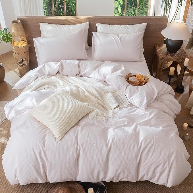 MooMee Striped Duvet Cover Set 100% Washed Cotton Linen Like Textured Breathable Durable Soft Comfy (Heathered Greyish Pink Pinstripes, Twin 68"x90")