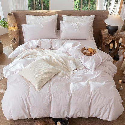 MooMee Striped Duvet Cover Set 100% Washed Cotton Linen Like Textured Breathable Durable Soft Comfy (Heathered Greyish Pink Pinstripes, Palatial King/Oversized King 120"x98")