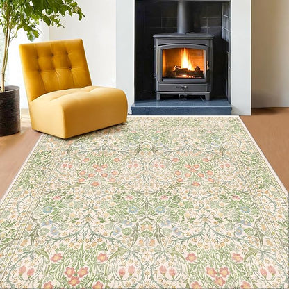 Light Beige Green Area Rugs for Dining Room, 6x9 Washable Area Rug for Bedroom, Living Room, Nursery Room, Kids Play Room, Low Pile Non-Slip - Vintage Design & Stain Resistance