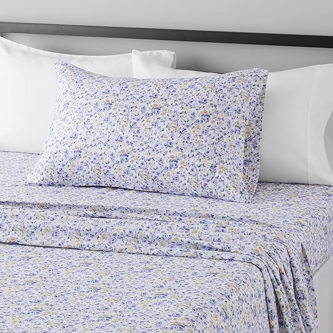 Amazon Basics Lightweight Super Soft Easy Care Wrinkle Free Microfiber 3 Piece Bed Sheet Set with 14-Inch Deep Pockets, Twin, Blue Floral, Floral, Kids, Men & Women Bedding