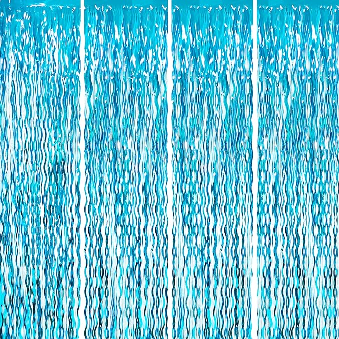 Goer Metallic Tinsel Foil Fringe Curtains for Party Photo Backdrop Wedding Decor (4 Pcs,Wavy Light Blue), One Size