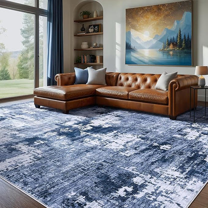 Area Rug Living Room Rugs - 7x9 Washable Large Soft Indoor Neutral Modern Abstract Low Pile Rug Carpet for Bedroom Dining Room Farmhouse Home Office - Navy Blue