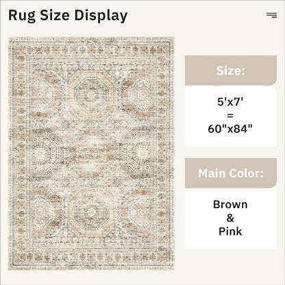 5x7 Area Rugs Brown Pink Low Pile Indoor Washable Trendy Faded Style Rugs for Bedroom Living Room Dining Room Foldable Non-Slip Thin Print Mat