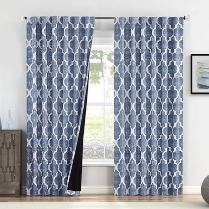 Beauoop 100% Blackout Curtains 84 Inches Long 2 Panels for Bedroom Living Room Blue Moroccan Geo Room Darkening Thermal Insulated Soundproof Rod Pocket Back Tab Window Treatments Drapes, 50x84