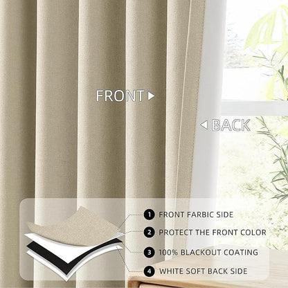ChrisDowa 100% Blackout Linen Curtains, 2 Panels Set Thermal Insulated Room Darkening Curtains for Living Room, Privacy Grommet Window Drapes for Bedroom (Greyish Beige, 52 x 108 Inch)