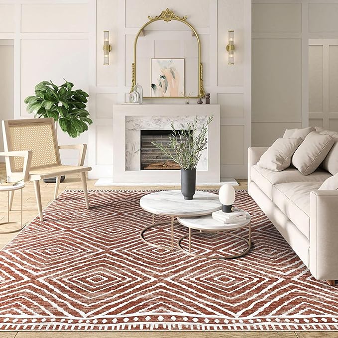 4x6 Rug, Small Area Rug for Living Room, Bedroom, Kitchen, Machine Washable Non-Slip Throw Rug, Low Pile Carpet Western Rug for Entryway Nursery Coffee Table, Brown Red