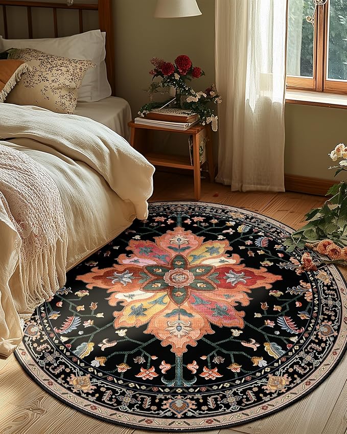 Area Rugs 7ft Washable Non-Slip, Floral Vintage Distress Print Pattern Medallion Carpet for Living Room Bedroom Dining Room, Black Colorful Floral Dark Tan
