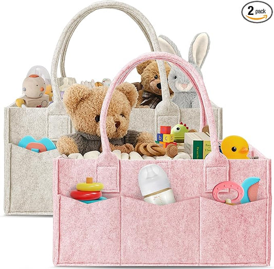 HIPHOP PANDA 2-Pack Diaper Caddy Organizer - Nursery Storage Bin & Car Organizer for Diapers, Wipes, and Baby Essentials - Dual-Color Solid Set (Pink/Oatmeal), Large Size