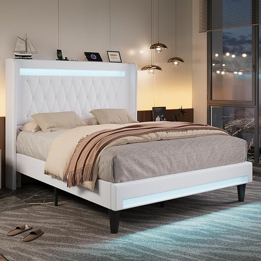 Allewie Upholstered Queen Size Platform Bed Frame with LED Light and Charging Station, Button Tufted High Headboard, Wingback Design, Noise Free, Easy Assembly, No Box Spring Needed, White