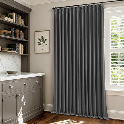 Grey 96 Inch Blackout Pinch Pleated Curtains 2 Panel Set for Living Room Darkening Thick Linen Textured 100% Black Out Drapes 96 Inches Long Pinch Pleat Light Blocking Bedroom Charcoal Dark Gray